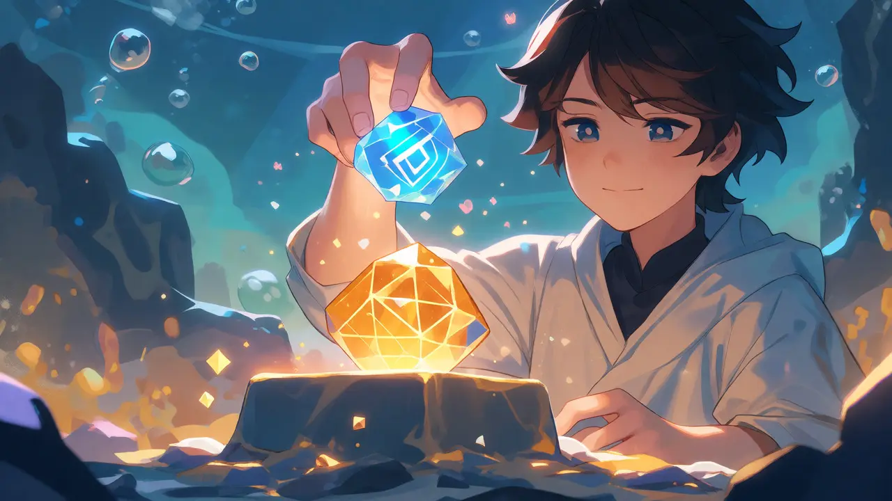Anime character transforming a blue token into a glowing amber staked token.