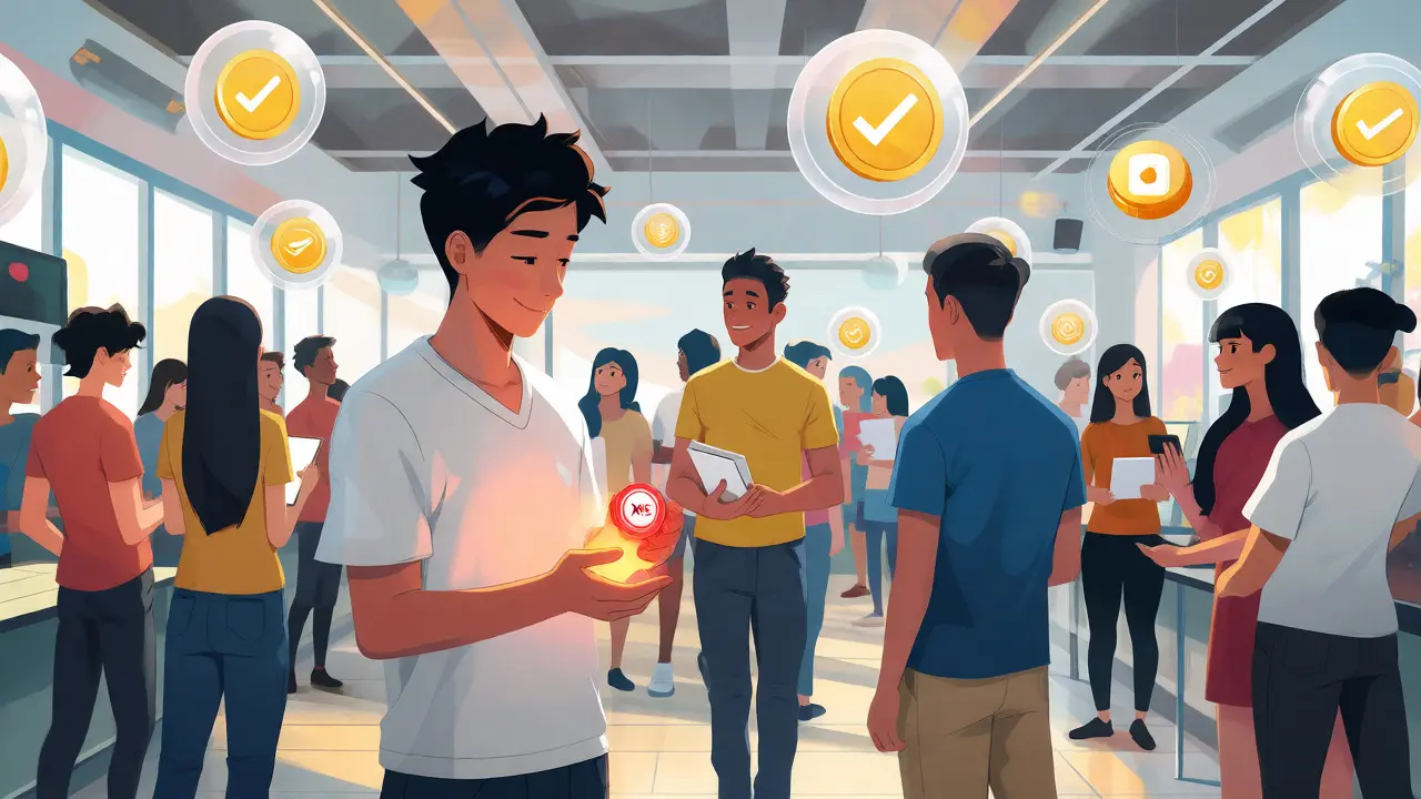 Anime characters receiving glowing tokens after completing quizzes