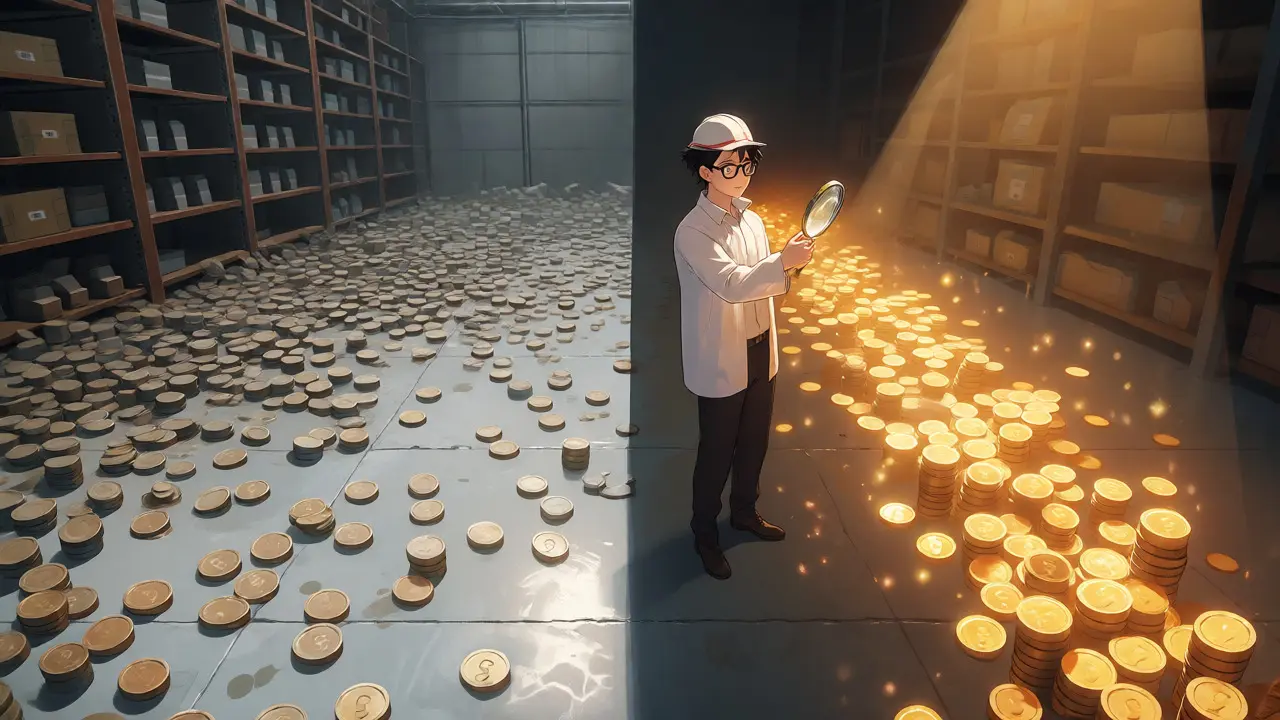 Anime comparison of spread-out coins versus concentrated glowing liquidity pools.