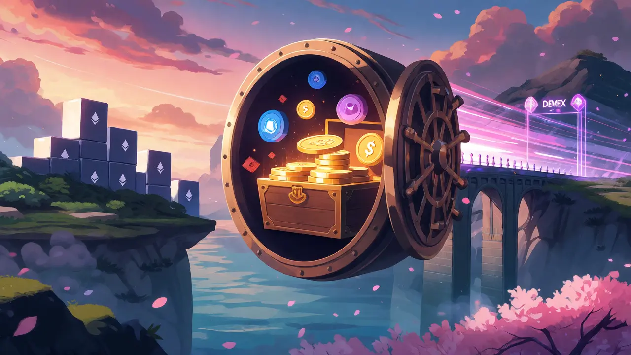 Anime concept art bridging slow blockchains to fast Demex trading with staking rewards.