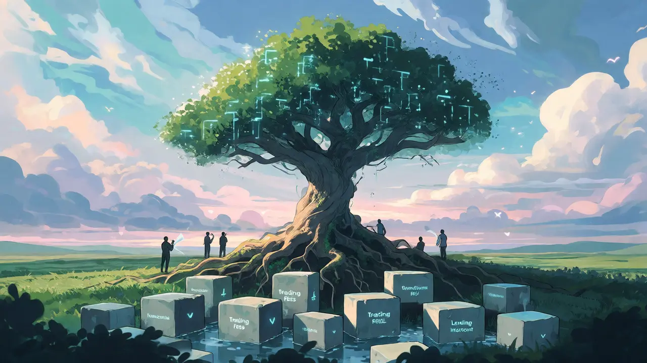 Anime digital tree rooted in fees representing sustainable yields