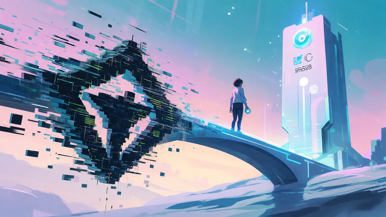 Anime figure bridging old glitchy NFTs to a futuristic Shibarium tower.