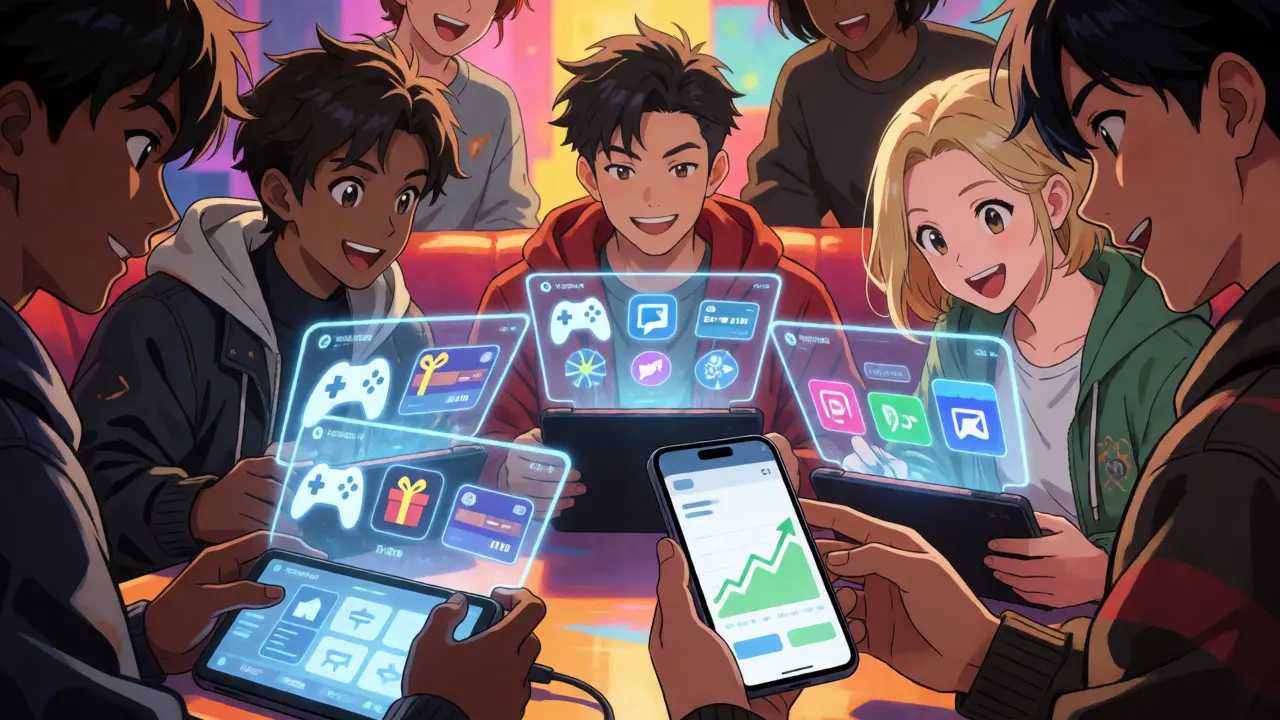 Anime gamers viewing holographic game rewards and mining stats