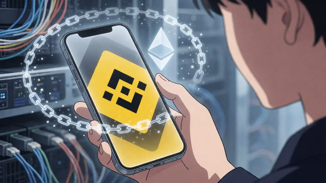 Anime illustration of a hand holding a phone with BNB Chain wallet interface