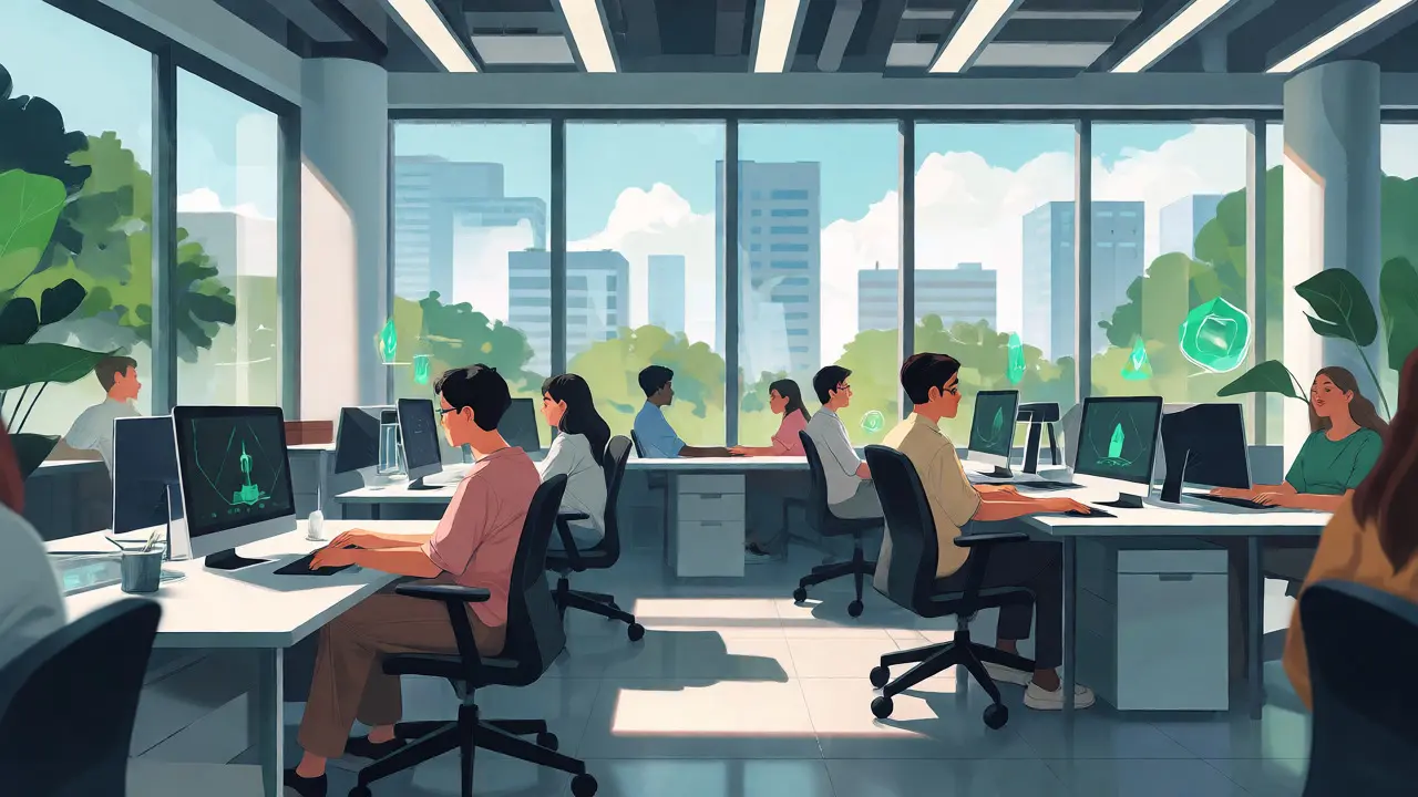 Anime office workers using standard PCs for staking in a green, regulated 2026 city.