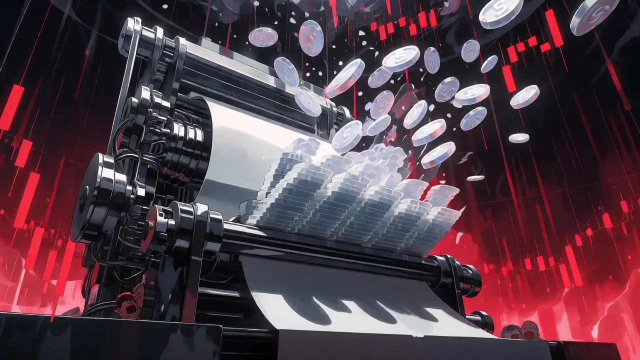 Anime printing press emitting tokens causing market chaos