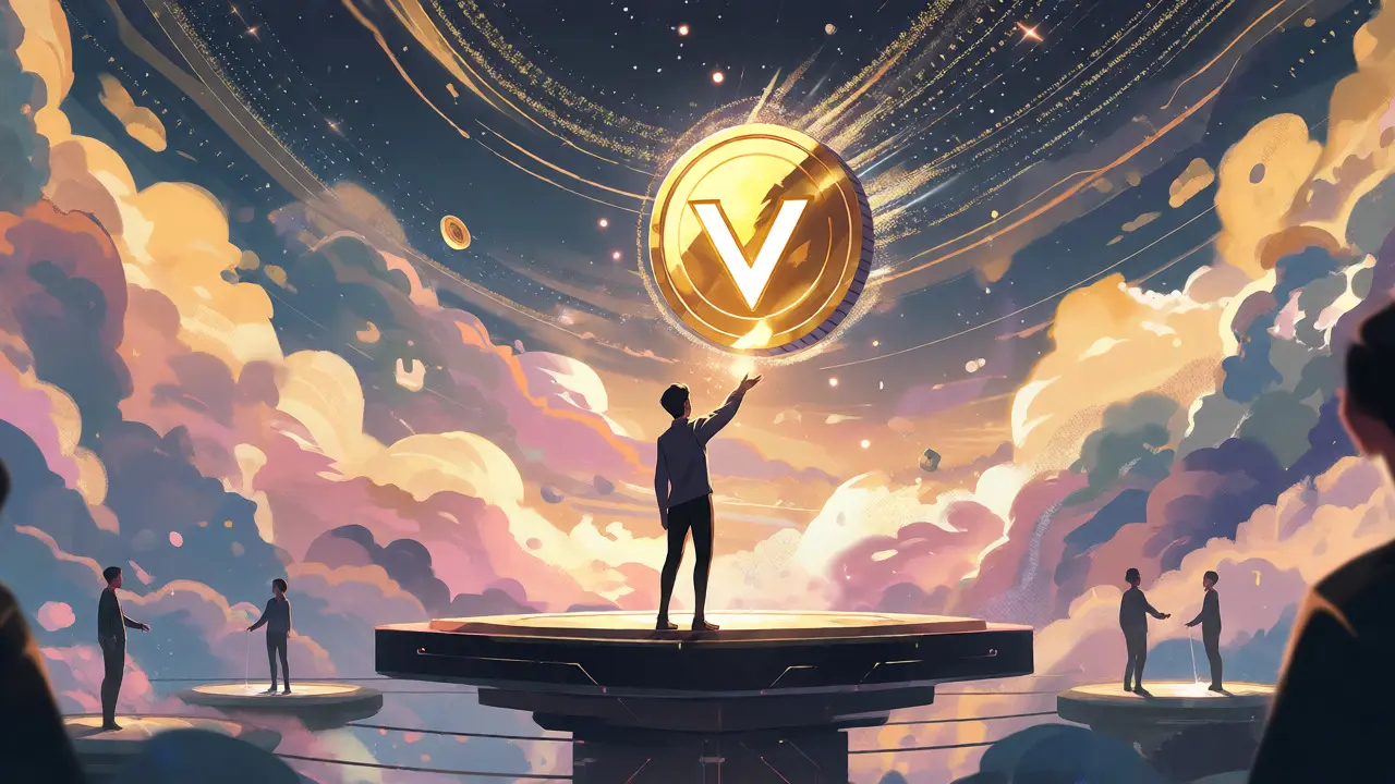 Anime protagonist catching a glowing RVLVR token emblem in a triumphant digital setting
