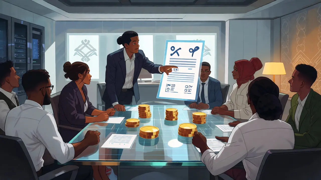 Anime scene of a business team reviewing capital requirements in a modern office