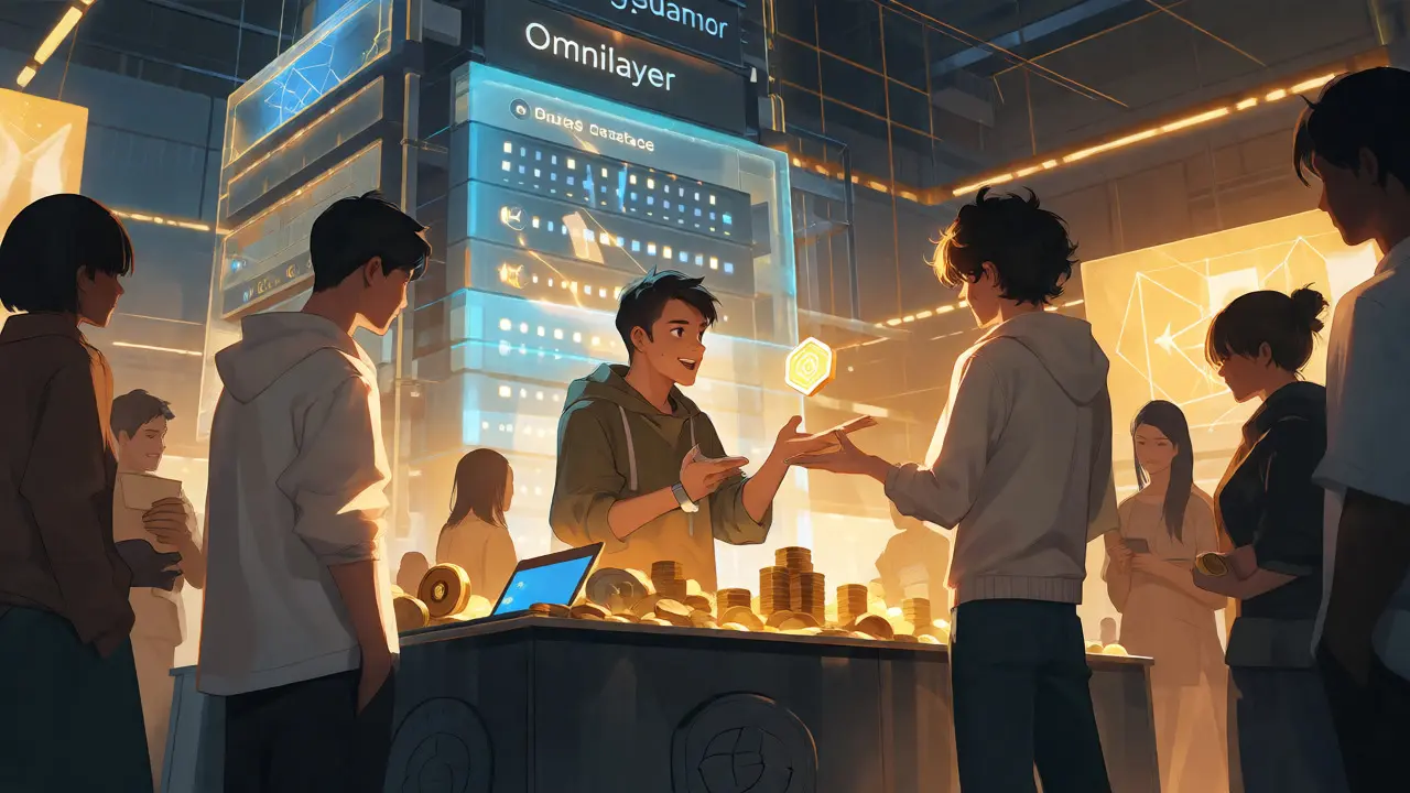 Anime scene of trading NFTs for rewards in a marketplace