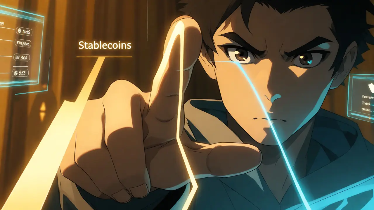 Anime scene showing choices between stable, volatile, and concentrated liquidity paths