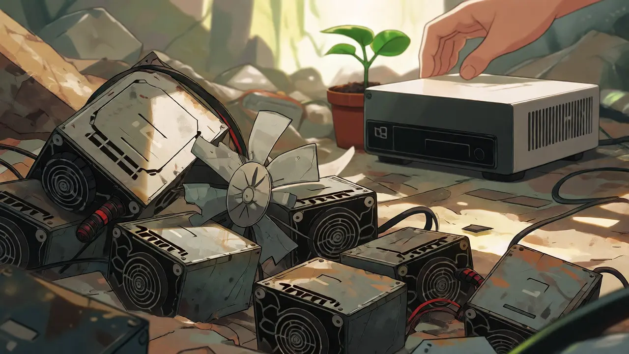 Anime scene showing discarded ASICs in a landfill beside a sleek, reusable staking computer.