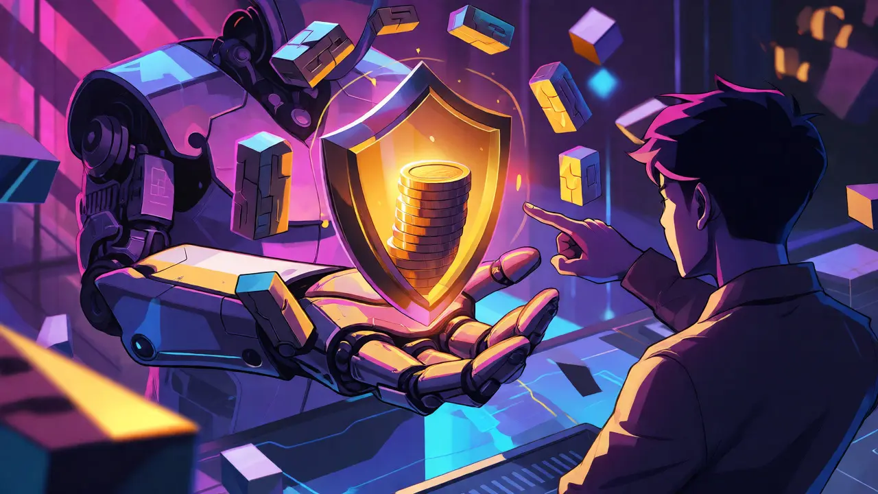 Anime style digital contract with a golden shield protecting coins during a transaction dispute.