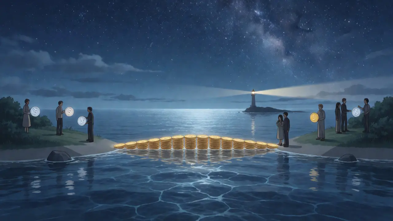 Anime-style ocean scene with floating islands connected by a bridge of coins.
