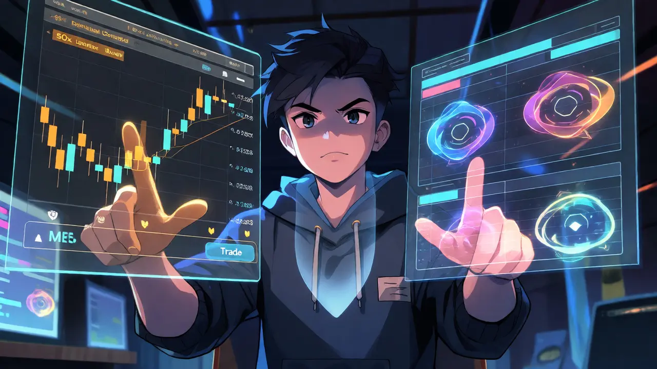 Anime trader using a holographic dashboard for leveraged crypto perpetuals and liquidity.