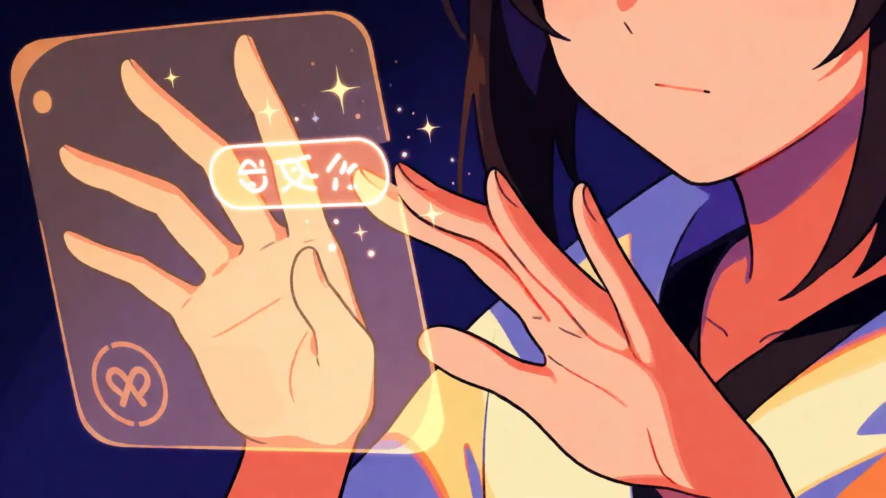 Character hands tapping a holographic crypto interface with digital sparks