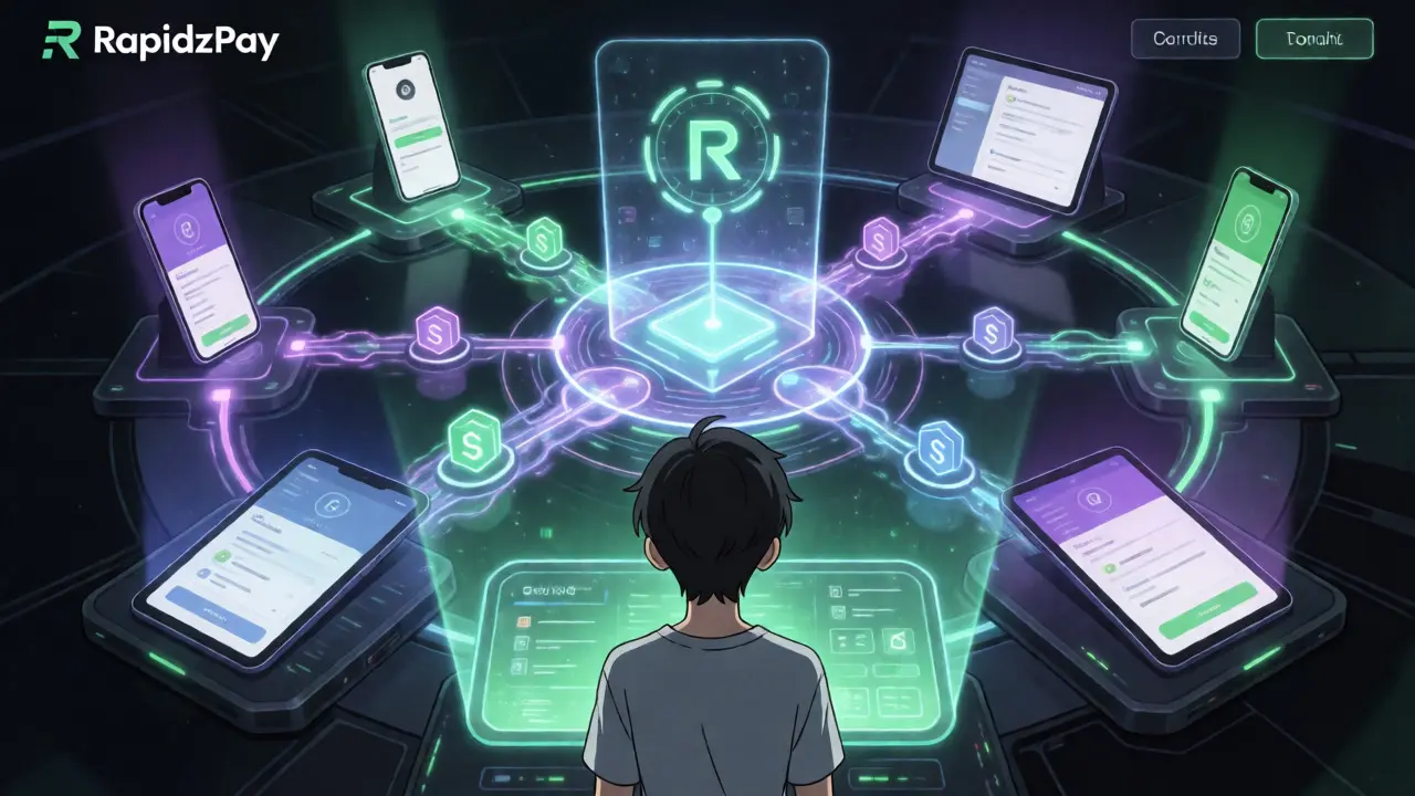 Character viewing holographic RapidzPay blockchain network visualization