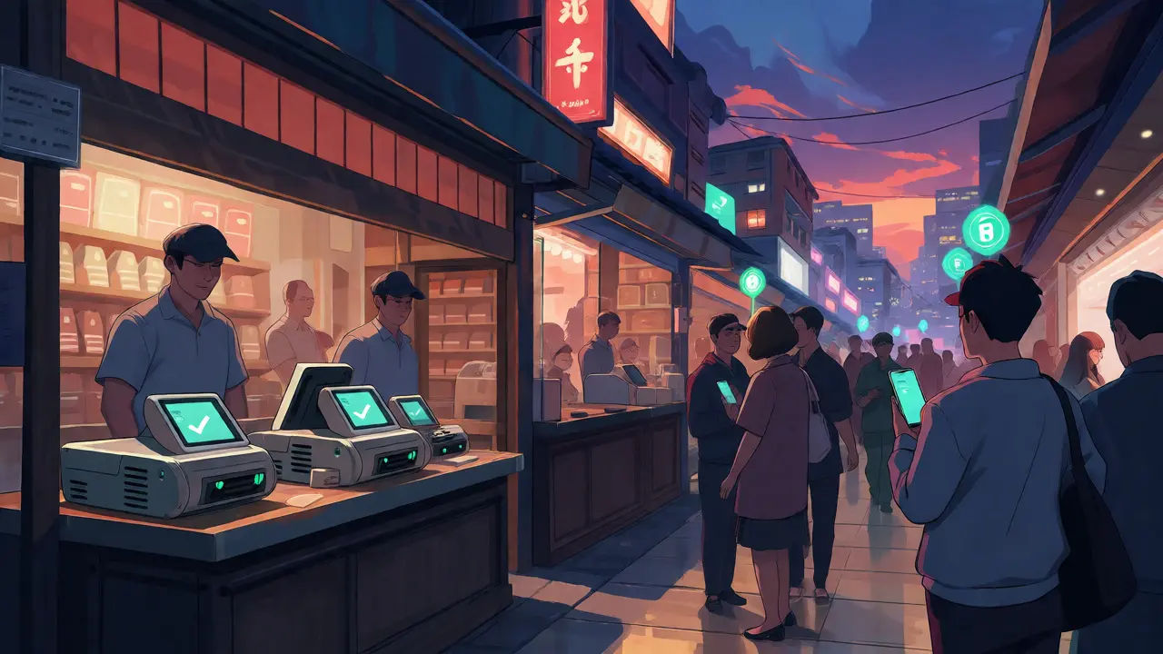 Cyberpunk anime city street with shops using high-tech crypto payment terminals at dusk.