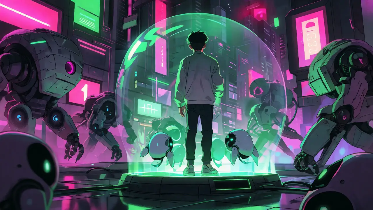 Cyberpunk anime style startup founder inside a regulatory sandbox bubble