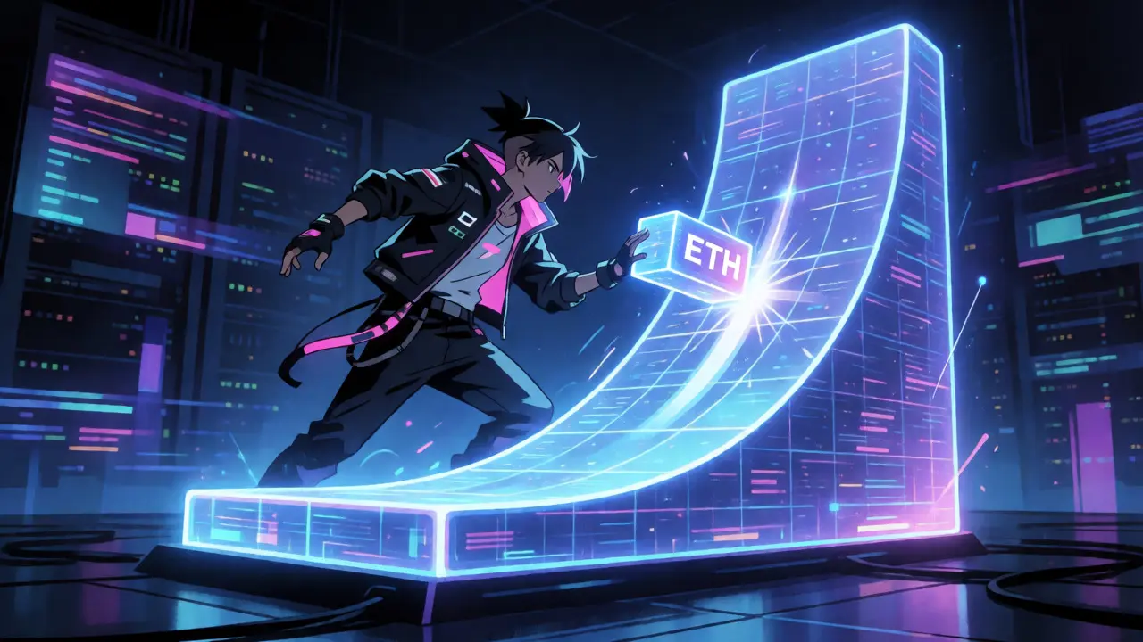 Cyberpunk character interacting with a rising hyperbolic curve representing price impact.