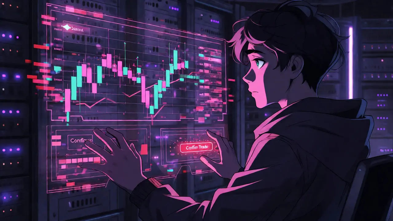 Cyberpunk trader facing a glitching holographic interface with missing data.