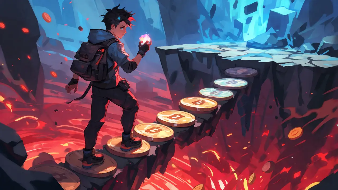 Explorer walking a narrow bridge of tokens over a dangerous red vortex.