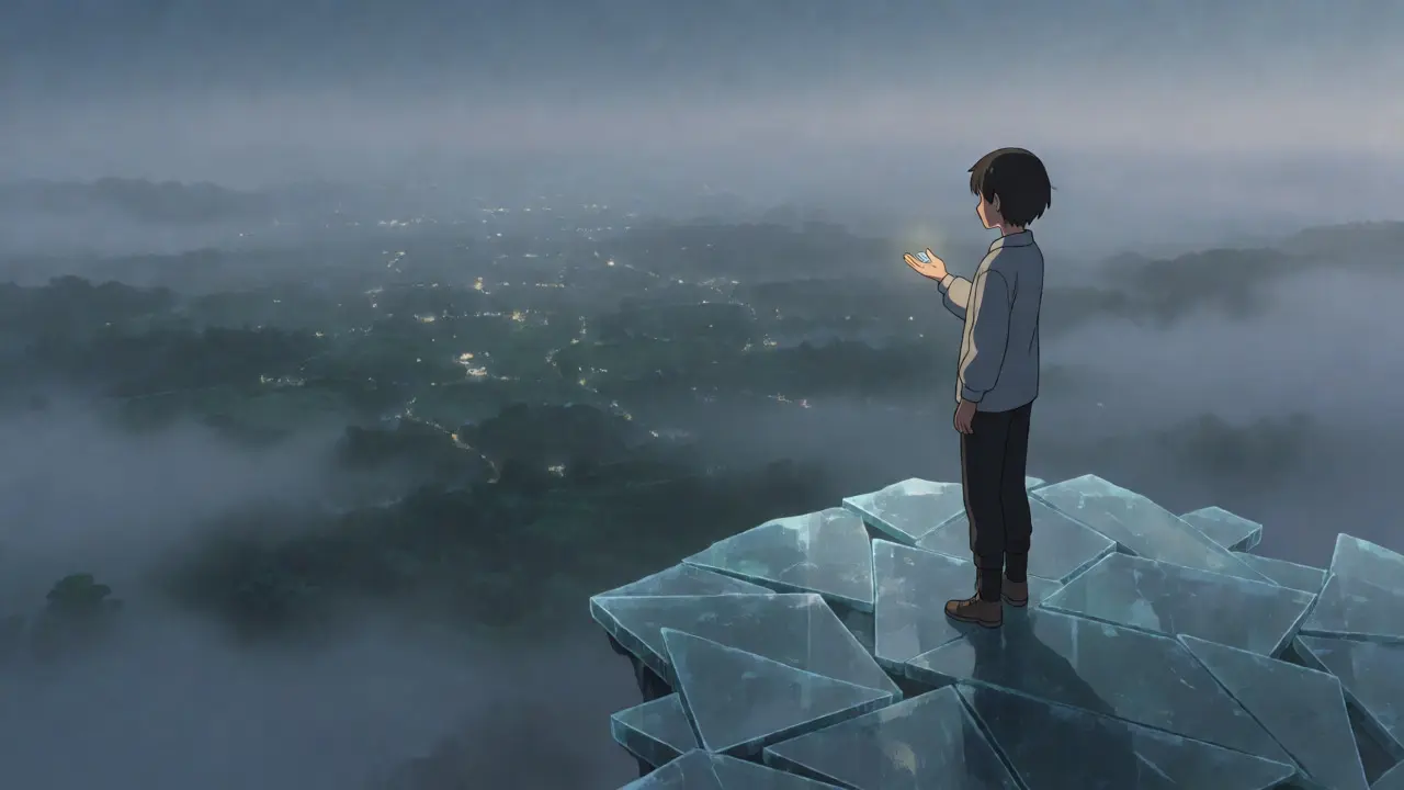 Figure holding a small glowing token on a misty floating platform