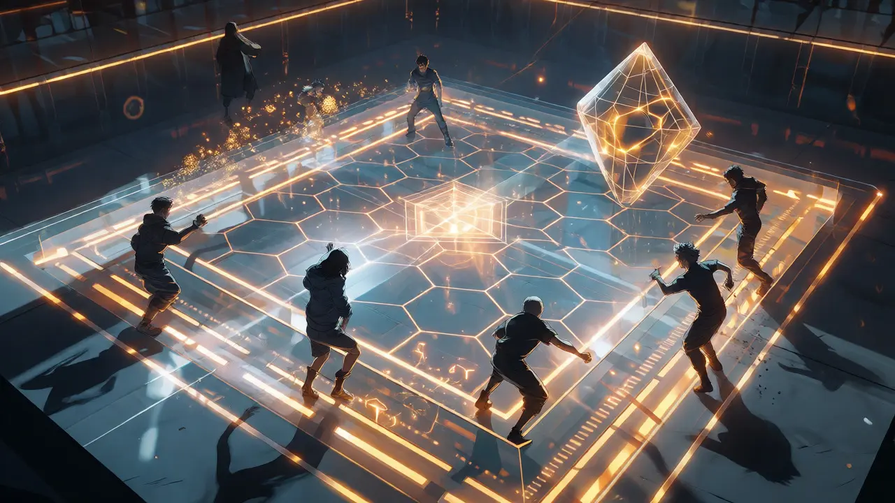 Futuristic anime arena with characters battling and golden token particles