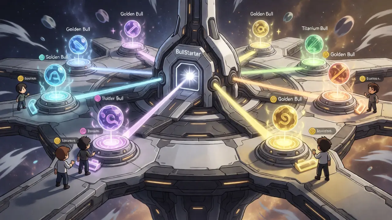 Futuristic anime visualization of the BullPerks launchpad with users staking for tier access.