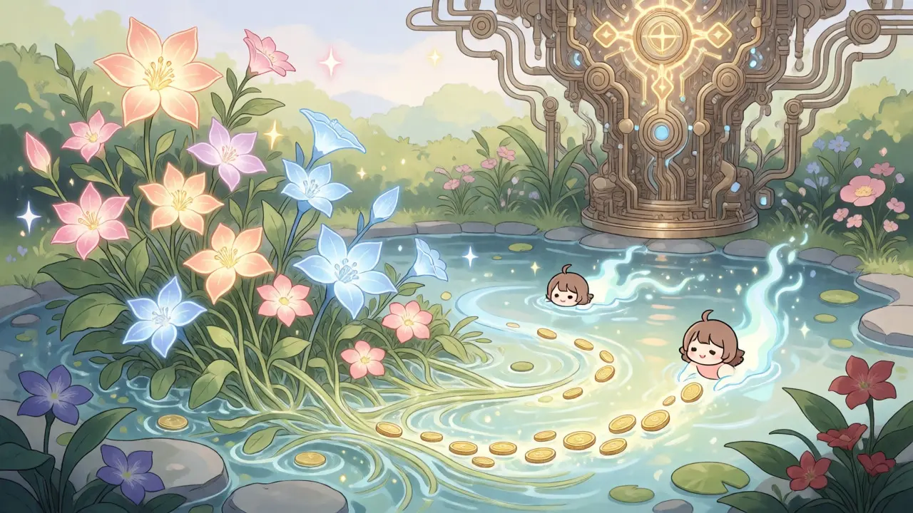 Glowing token flowers in a pool with spirits collecting fee coins, representing liquidity.