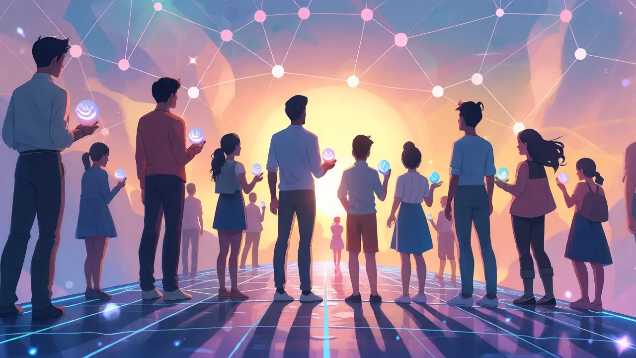 Group of anime characters holding glowing tokens on a digital bridge at sunrise