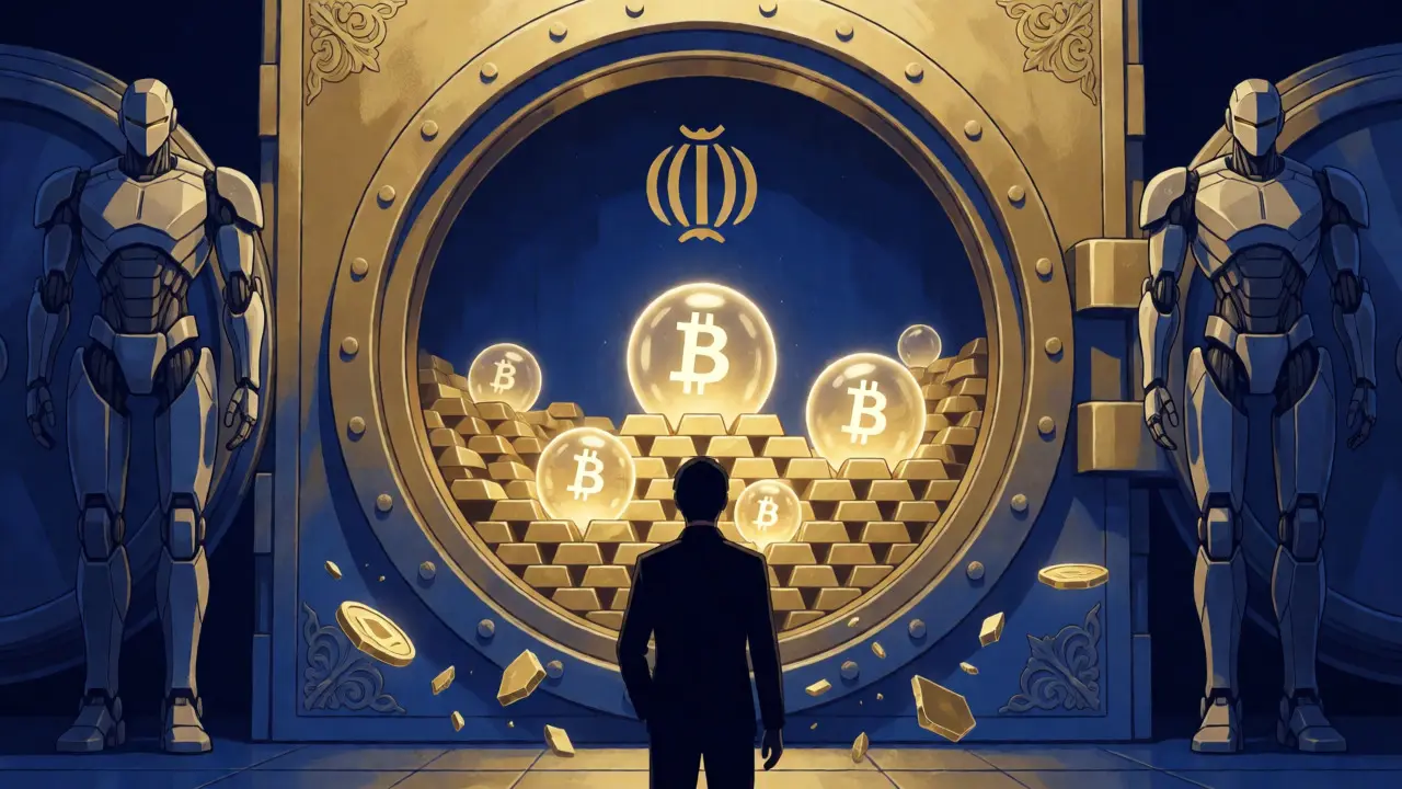 Guarded central bank vault containing glowing digital assets and shattered stablecoins