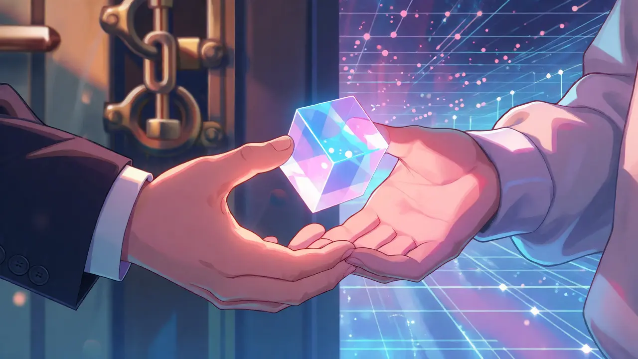 Hands exchanging a glowing digital asset token against a dual background