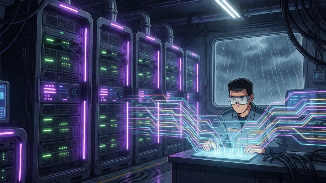 High-tech anime mining farm with neon lights and engineers monitoring data streams