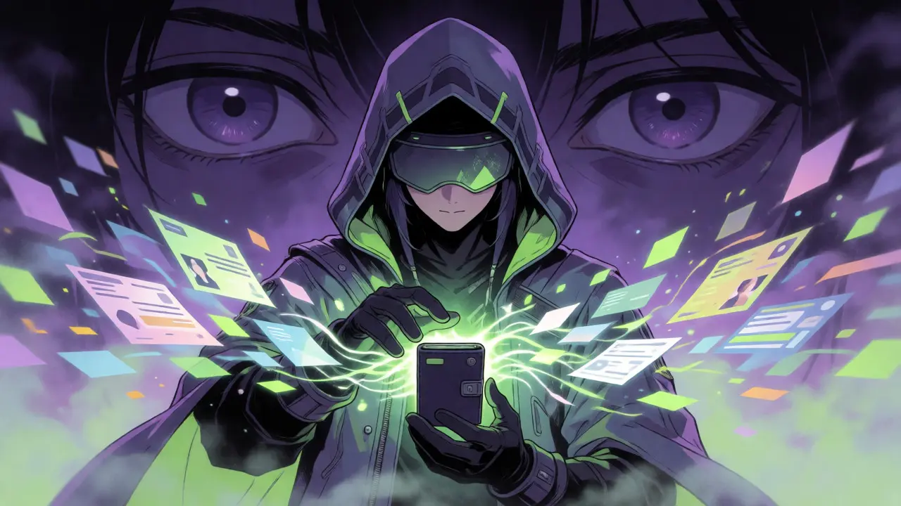 Hooded figure connecting a wallet to data streams, symbolizing DEX privacy.