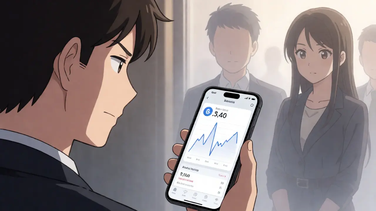 Investor checking flatline crypto graph on phone amidst fading ghosts