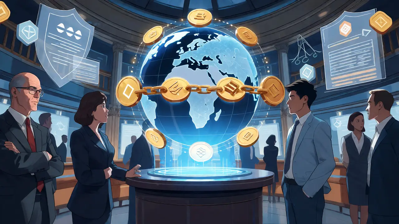 Investors viewing a holographic globe with connected asset tokens