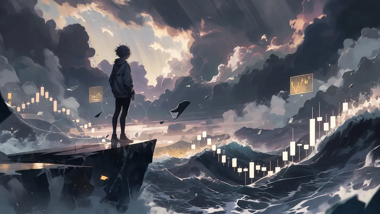 Lone anime figure standing before a stormy sea of downward trending charts