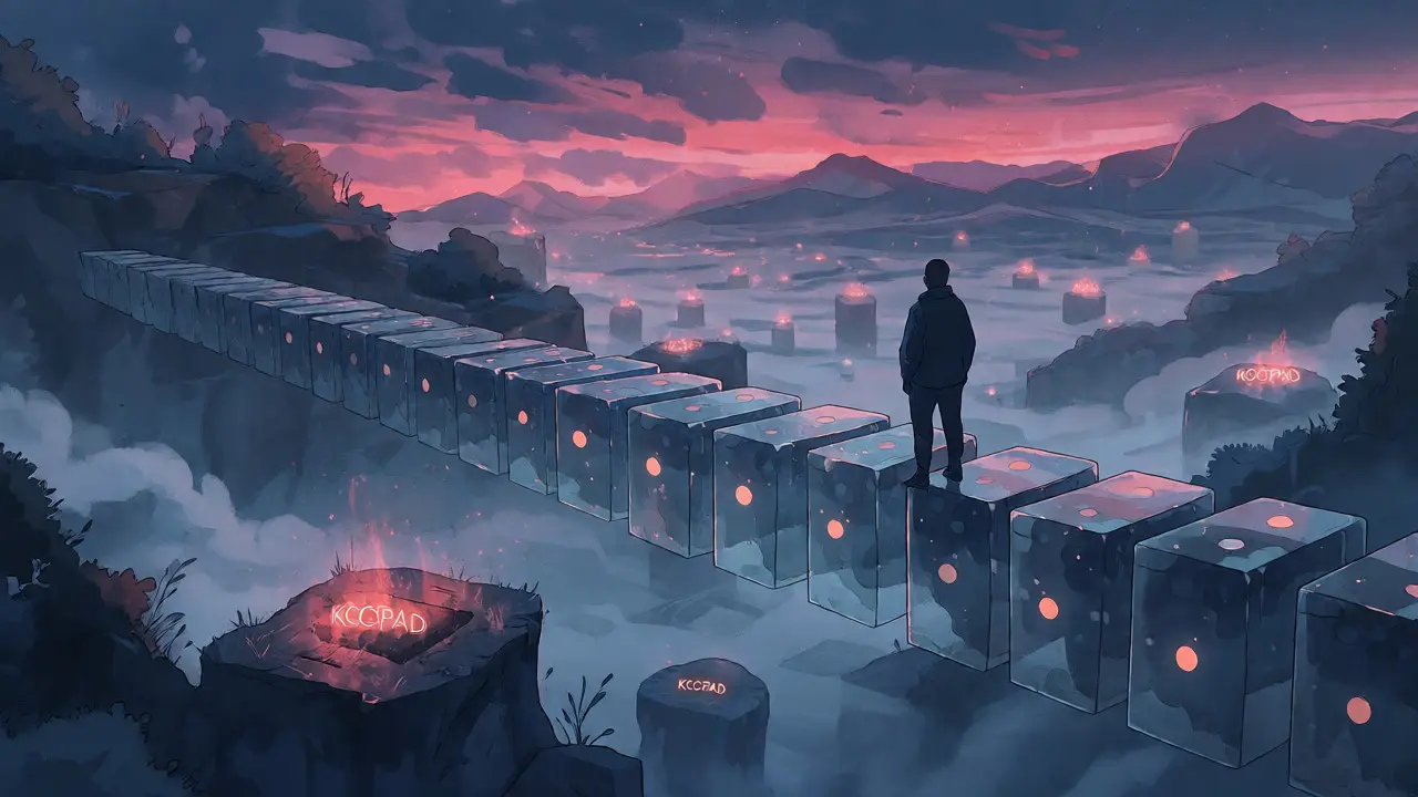 Melancholic anime scene showing the fading legacy of micro-cap crypto launchpads in a misty valley.