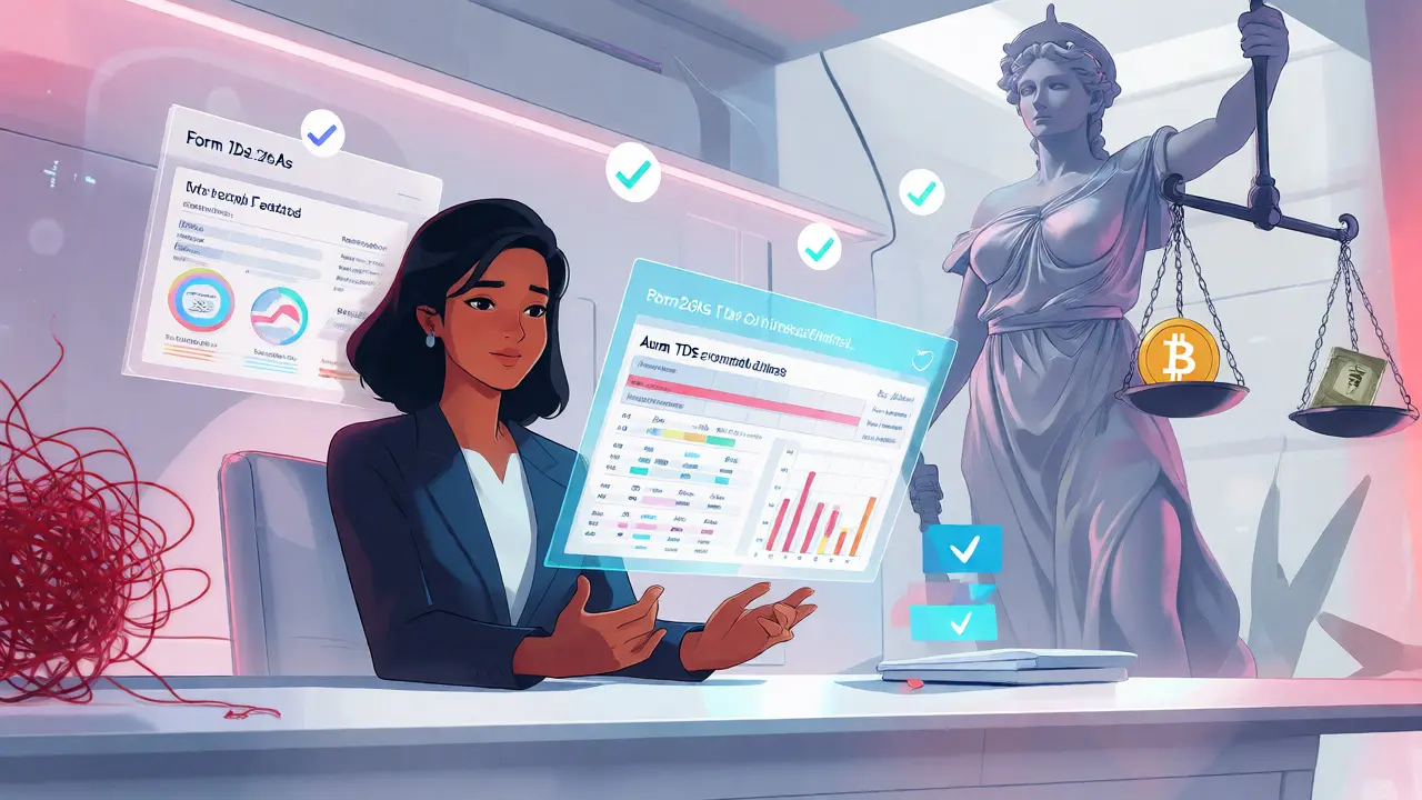 Professional reviewing compliant crypto tax reports with justice symbolism
