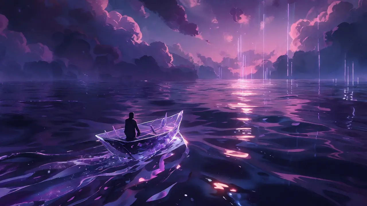 Small crystal boat navigating a vast, calm dark ocean