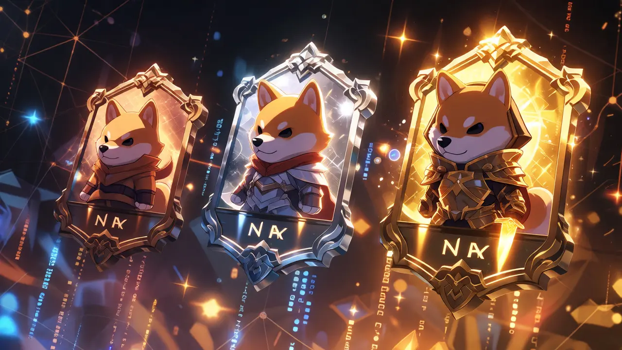 Three glowing NFT frames showing Bronze, Silver, and Gold Shiba Inu avatars.